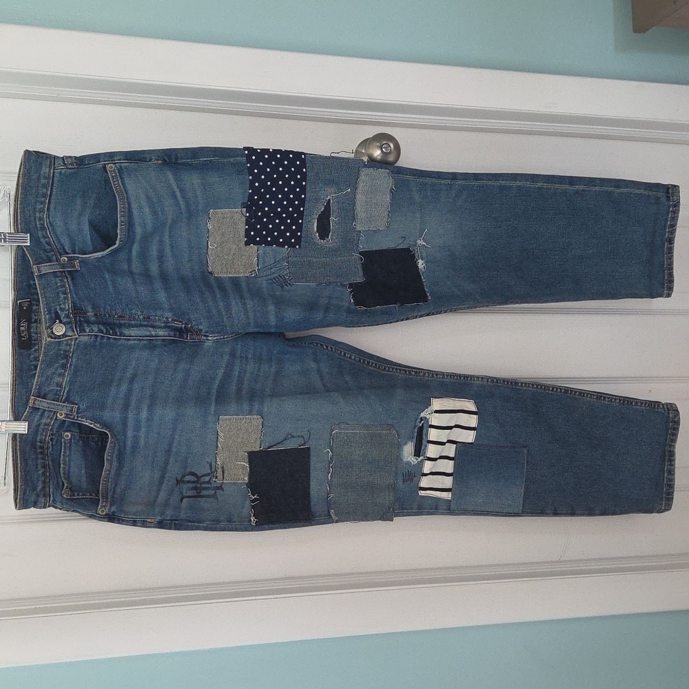 Lauren Ralph Lauren Blue Denim Ankle Jeans with Patchwork